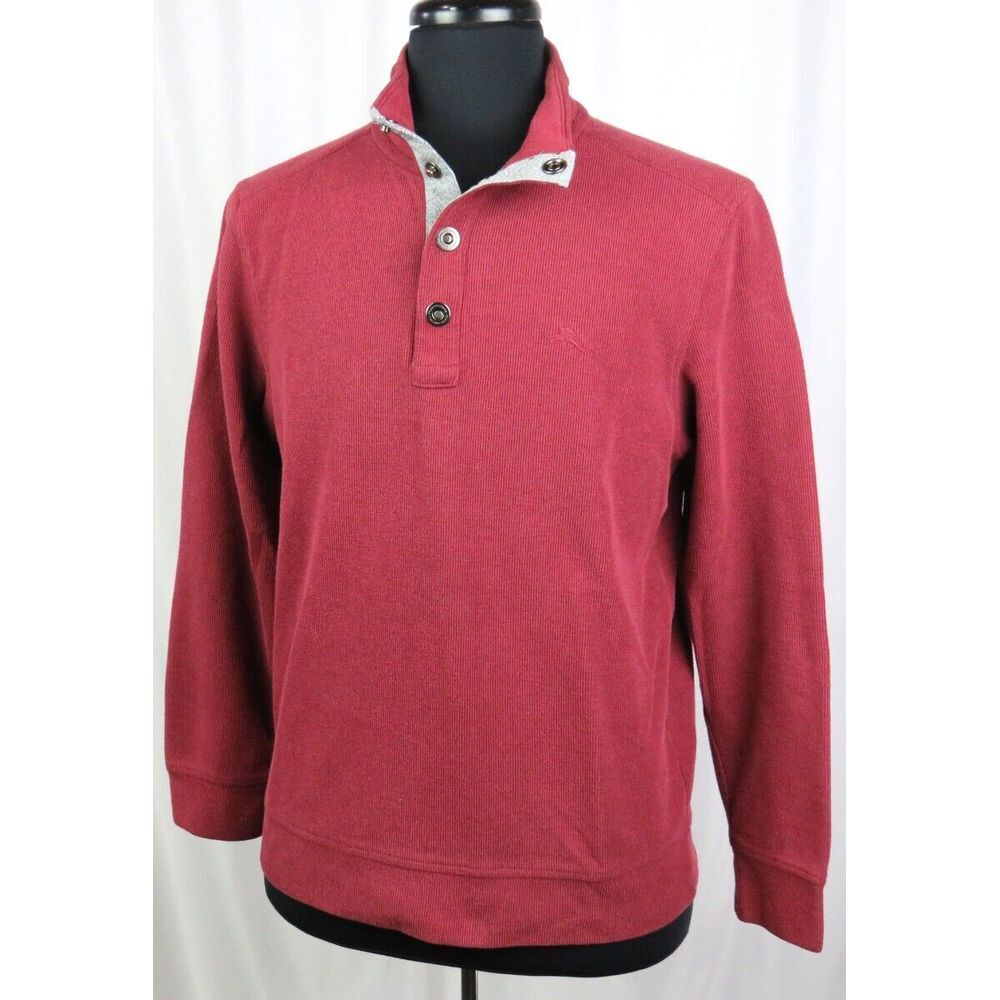 Men's Tommy Bahama Cotton Blend Knit Red Collared Snap Sweater Medium - Picture 2 of 6